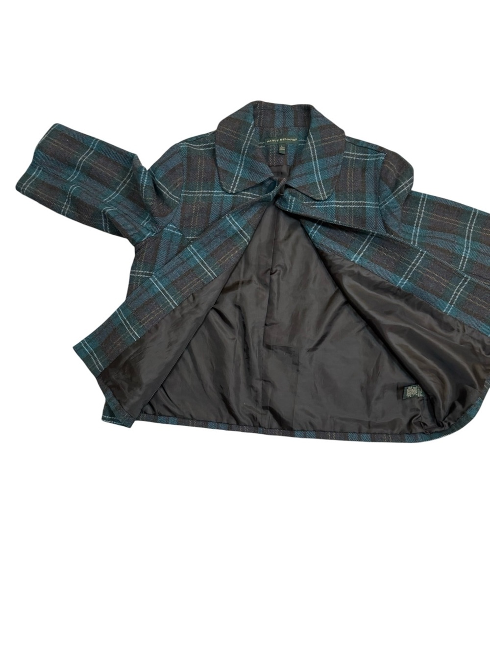Harve Benard Plaid Cropped Jacket Green Brown 3/4 Sleeve Wool Blend Size L - Picture 7 of 9